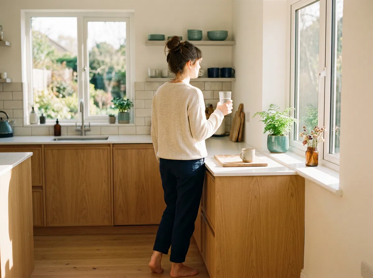 Bruger med glas vand om morgenen - daglig rutine